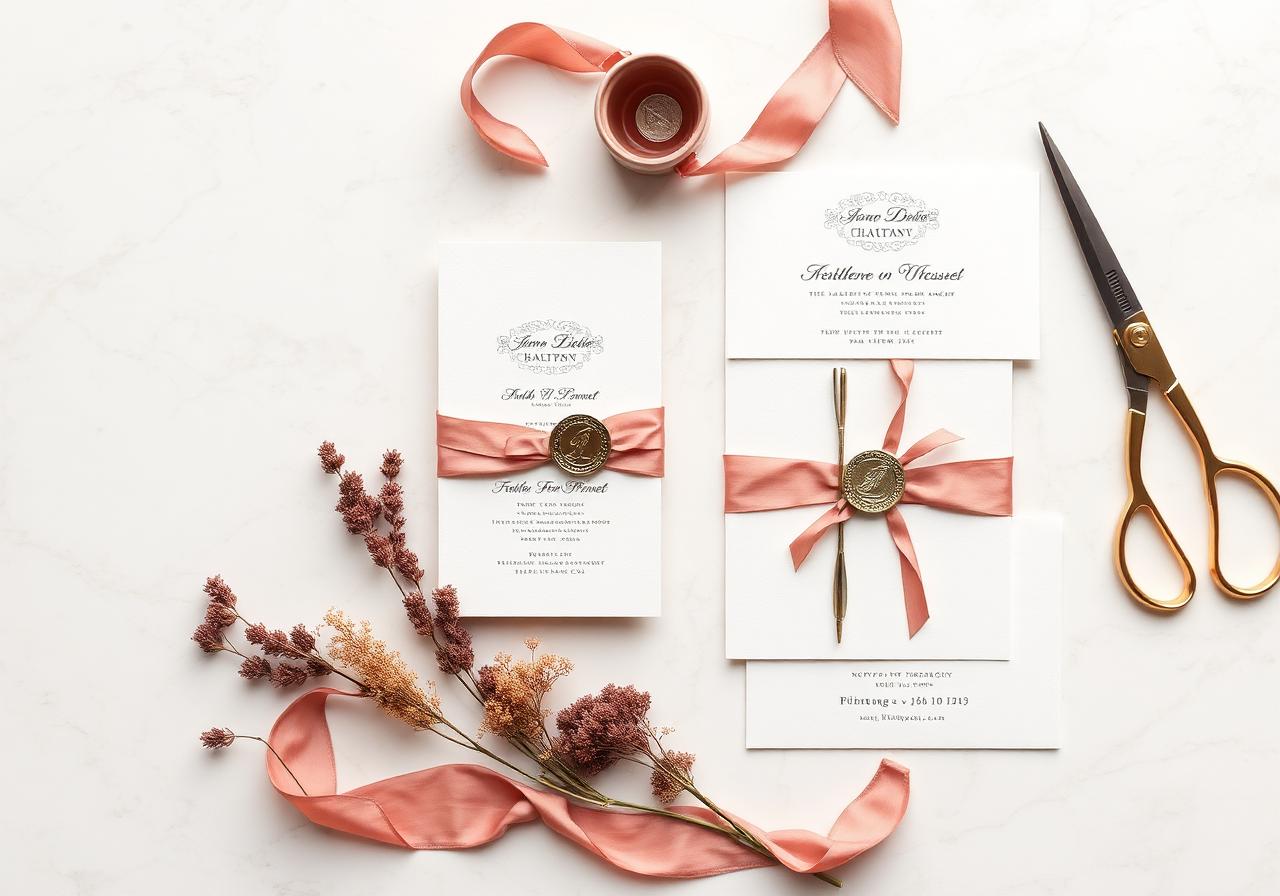 Papeterie de mariage fine art avec rubans de soie et fleurs séchées