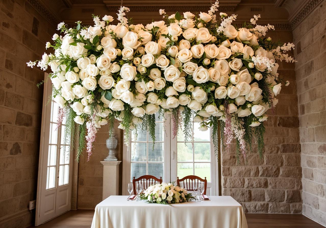 Installation florale suspendue de roses blanches et eucalyptus