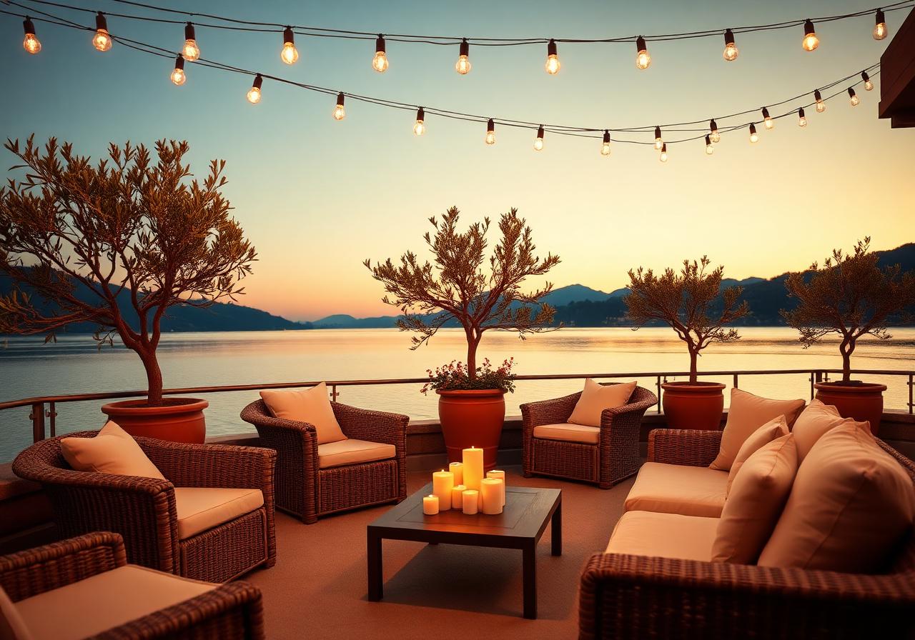 Soirée privée au bord du lac d'Annecy avec guirlandes lumineuses